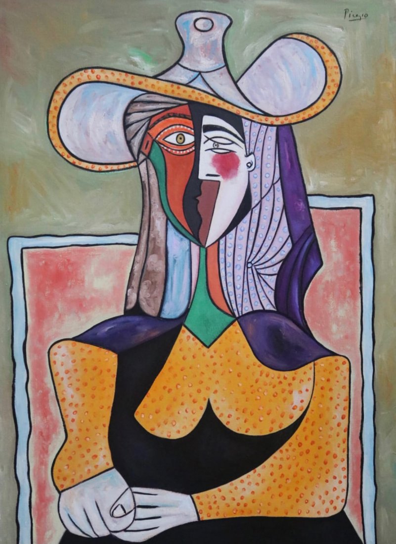 Pablo Picasso (Oil on Canvas): Picasso appears in Upper Right. Rendered in the cubist style of Pablo Picasso. Technique: Oil on canvas. Measures: 24 x 18 Inches. Provenance: Private Collection Spain. COA. Lived Between (25 October 