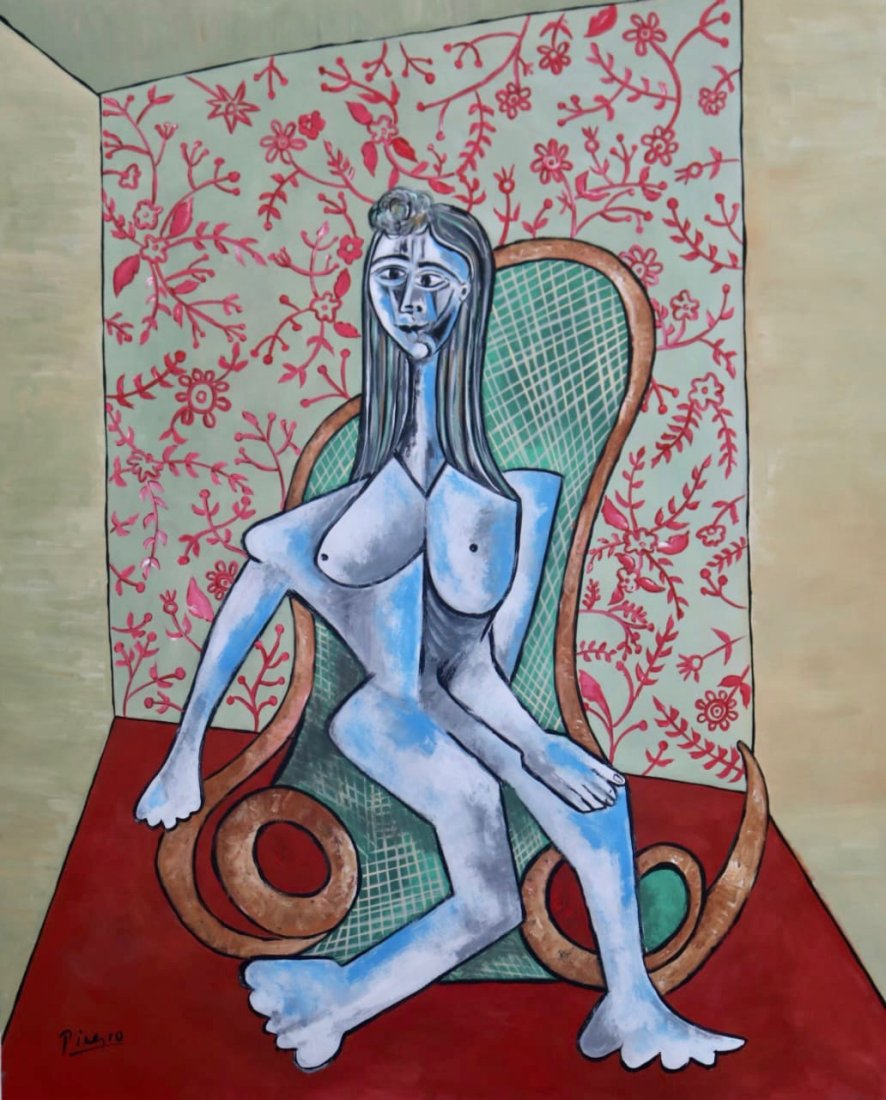 Pablo Picasso (Gouache on Paper): Picasso appears in lower left. Rendered in the cubist style of Pablo Picasso. Technique: Gouache on paper. Measures: 20 x 16 1/2 Inches. Provenance: Private Collection. Lived Between (25 October 1881