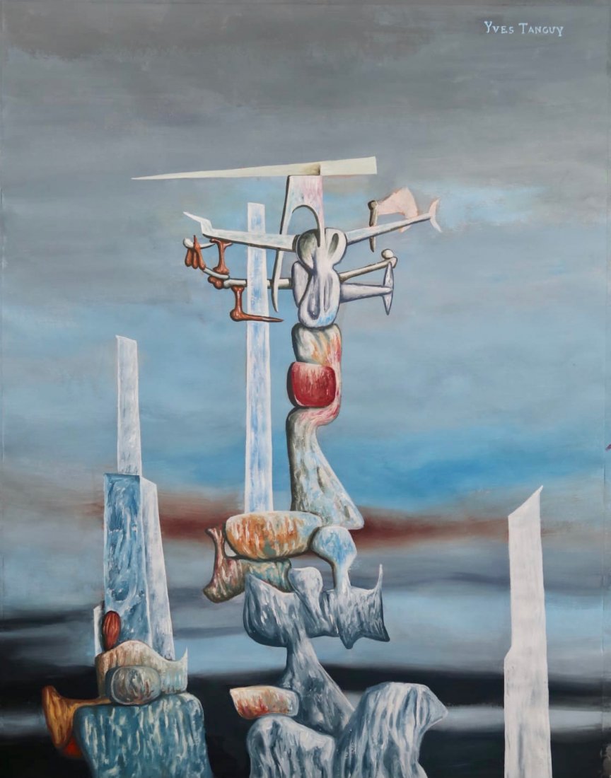 Yves Tanguy (Gouache on paper): Yves Tanguy appears in upper irght.Rendered in the surrealist style of Yves Tanguy. Technique: Gouache on paper. Measures: 16 1/2 x 12 3/4 Inches. Provenance: Private Collection. Lived between (Januar