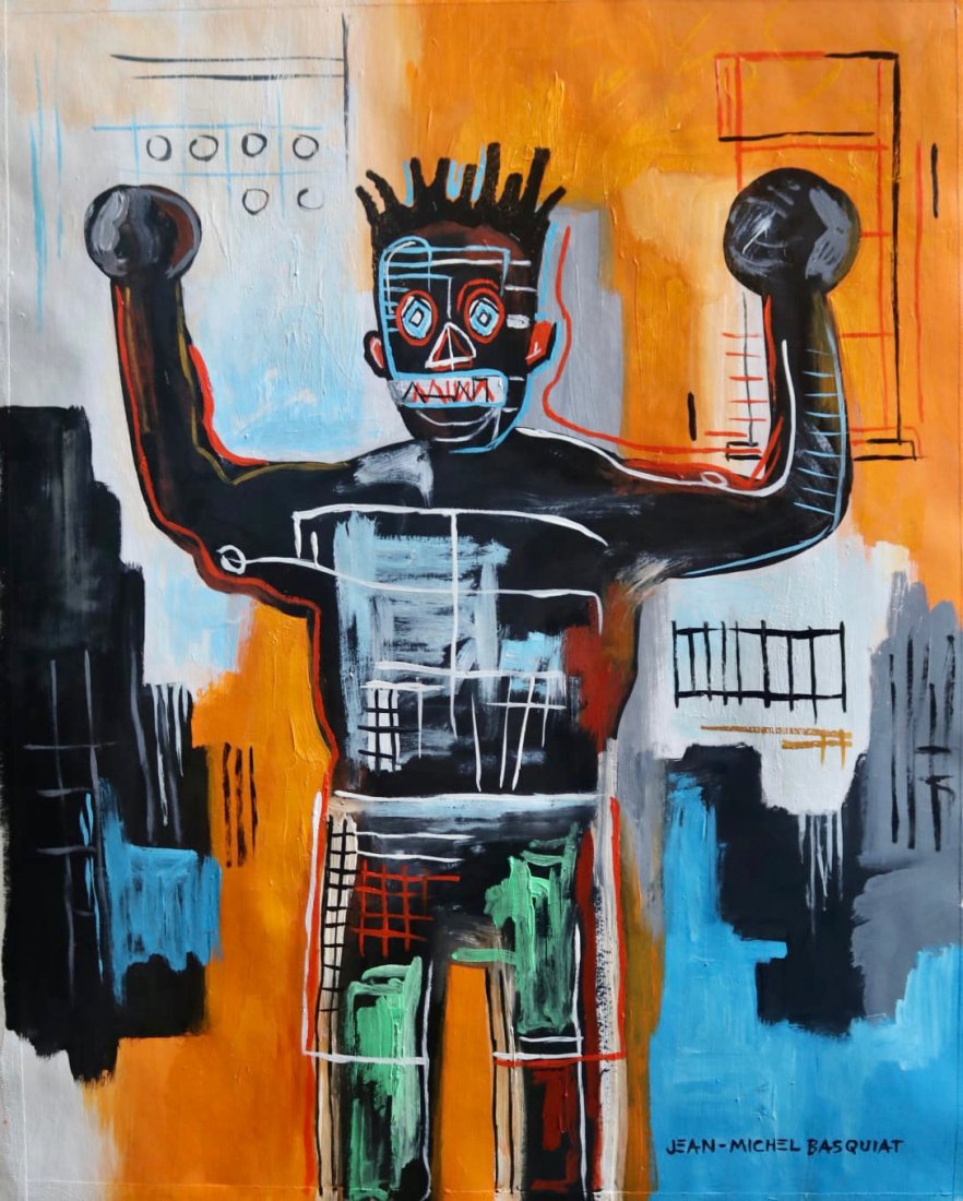 Jean Michel Basquiat (Mixed Media on Paper): Jean Michel Basquiat appears lower right. Rendered in the Style of Jean Michel Basquiat. Technique: Gouache on paper painting. Measures: 15 x 12 inches. Provenance: Private collection. Lived Between (
