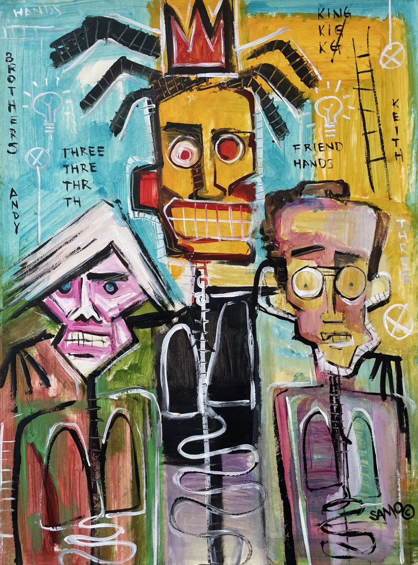 Jean Michel Basquiat (Acrylic on Paper): SAMO appears in lower right. Rendered in the style of Jean Michel Basquiat. Technique: Acrylic on paper painting. Measures: 16.5 x 12 inches. Provenance: Private collection. Lived Between (December 22
