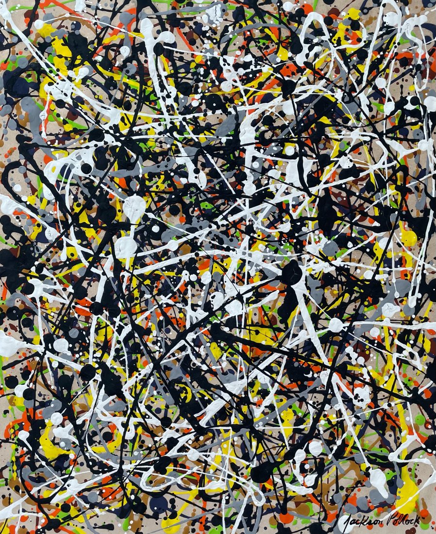 Jackson Pollock (Gouache on Paper): Jackson Pollock appears in lower right. Rendered in the abstract expressionism style of Jackson Pollock . Technique: Gouache on paper. Measures: 18 x 15 1/2 Inches. Provenance: Private collection.A cO