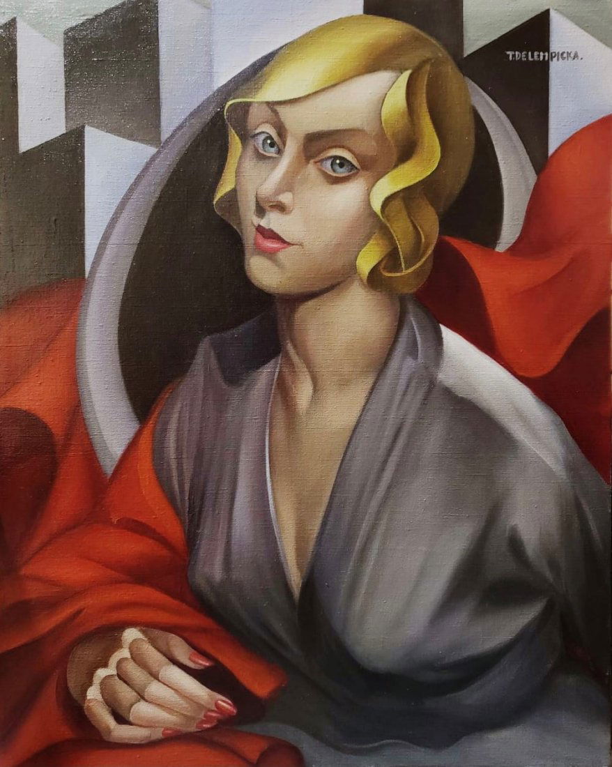 Tamara de Lempicka (Oil on canvas): Tamara de Lempicka appears in ****.Rendered in the Art Deco style of Tamara de Lempicka. Technique: Oil on Canvas. Measures: 24 x 20 Inches. Provenance: Private collection.A COA accompanied this lot.