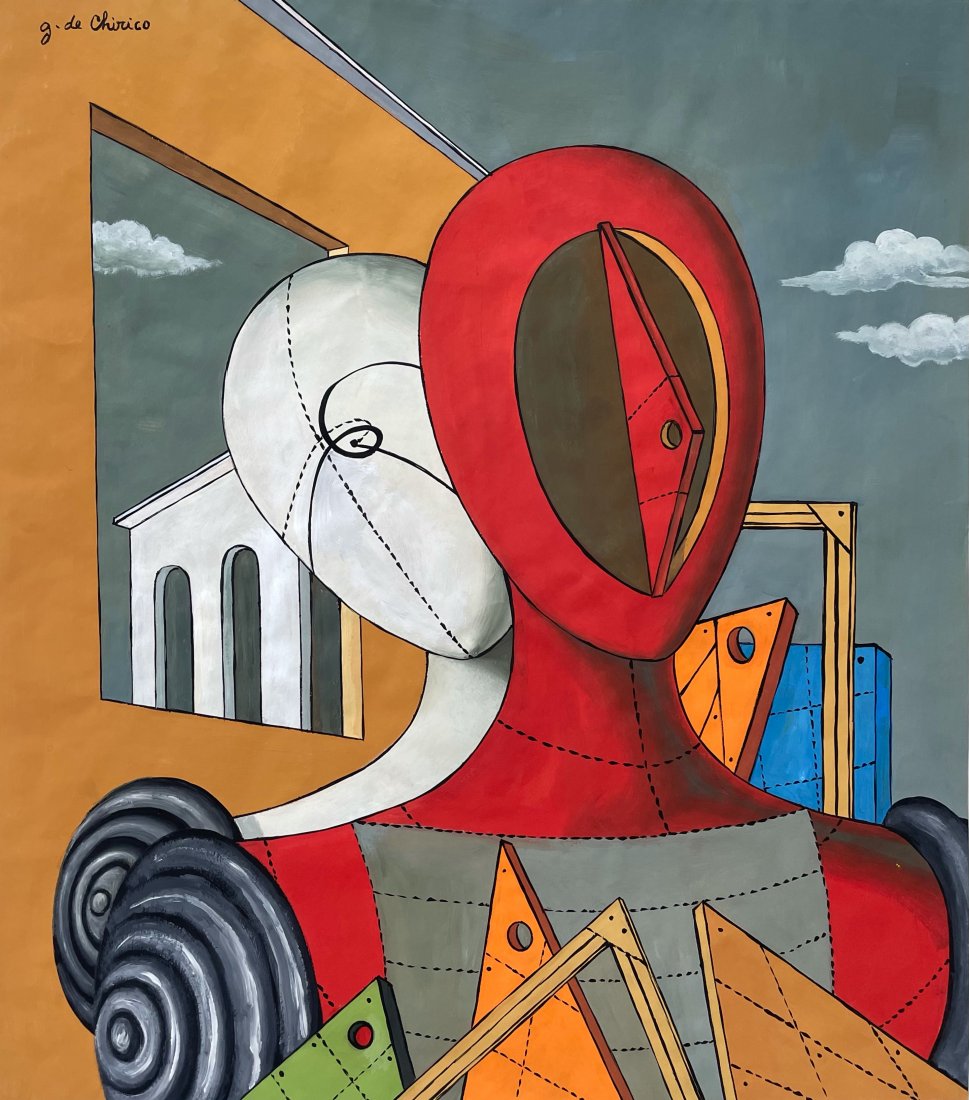 Giorgio de Chirico (Gouache on Paper): G.de Chirico appears in upper left. Rendered in the Style of Giorgio de Chirico. Technique: Oil on canvas painting. Measures: 16 x 14 Inches. Provenance: Private collection. Lived Between (10 July 188