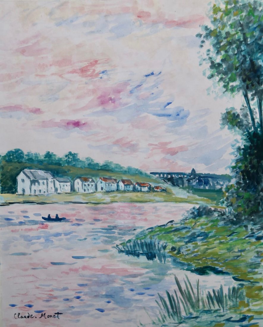 Claude Monet (Watercolor on paper): Claude Monet appears in lower left. Rendered in the style of Claude Monet. Technique: watercolor on paper painting. Measures: 15 x 12 3/8 Inches. Provenance: Private collection. Lived Between 14 Novem