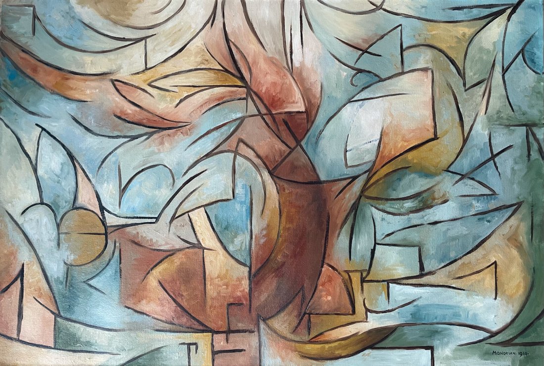 Piet Mondrian (Oil on Canvas): Mondrian 1914 Appears in Lower Right. Rendered in the style of Piet Mondrian.Technique: Oil on Canvas. Measures: 16 x 23 inches. Provenance: Private collection. Lived Between March 1872 – February 1