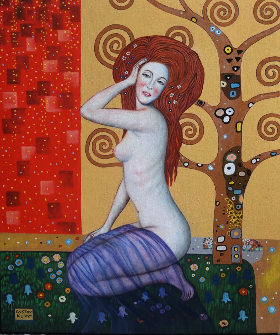 Gustav Klimt (Oil on Canvas): Gustav Klimt appears in Lower Left. Rendered in the style of Gustav Klimt. Technique: Oil on Canvas painting. Measures: 24 x 20 Inches. Provenance: Private collection. Live between:(July 14, 1862 Â��