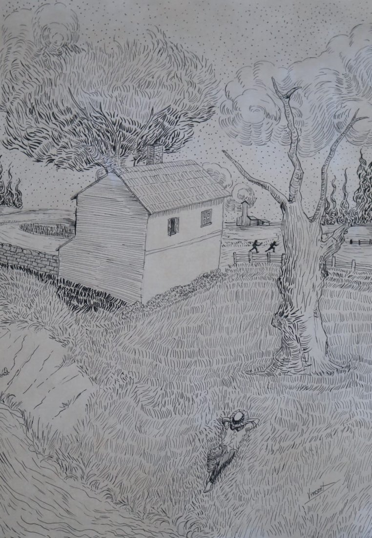 Vincent van Gogh (Ink on paper): Vincent appears lower right. Rendered in the style of Vincent van Gogh. Technique: Ink on paper painting. Measures: 16 x 11 3/8 Inches. Provenance: Private collection. Live between:(30 March 1853 – 