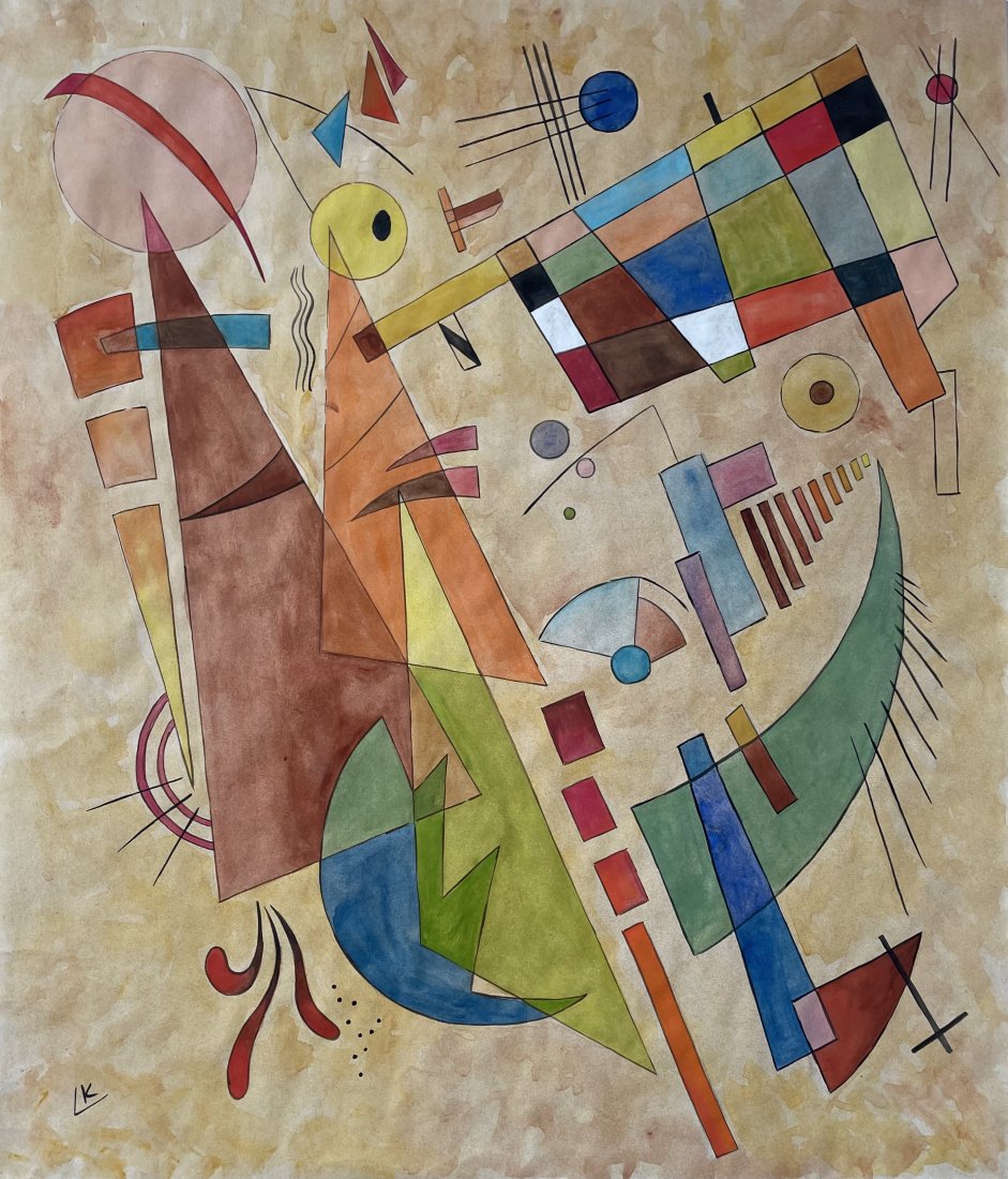 Wassily Kandinsky (Watercolor on Paper): Kandinsky appears lower left. Rendered in the Style of Wassily Kandinsky . Technique: Watercolor on paper painting. Measures 18 x 15 1/2 Inches. Provenance: Private collection. Lived Between (4 Decemb