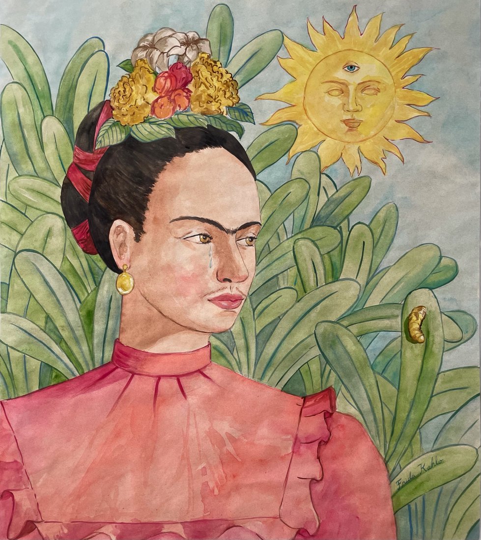Frida Kahlo (Watercolor on Paper): Frida Kahlo appears lower right. Rendered in the style of Frida Kahlo. Technique: Watercolor on paper. Measures: 16 x 14 Inches. Provenance: Private Collection. Lived between (6 July 1907 – 13 July 