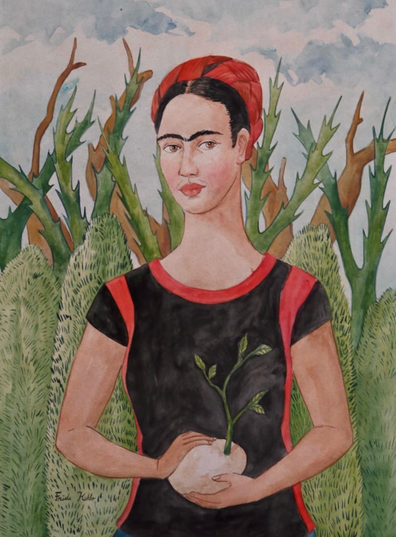 Frida Kahlo (Watercolor on Paper): Frida Kahlo appears lower left. Rendered in the style of Frida Kahlo. Technique: Watercolor on paper. Measures: 15 1/2 x 11 3/8 Inches. Provenance: Private Collection. Lived between (6 July 1907 – 1