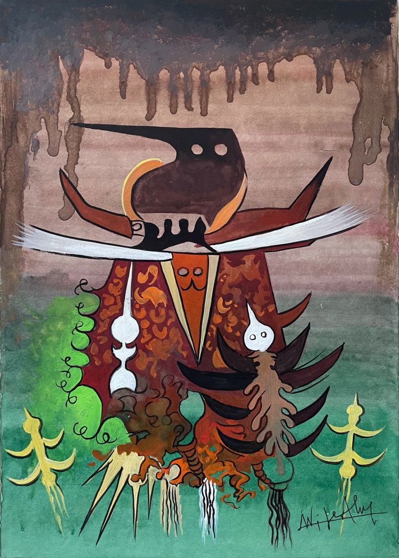 Wifredo Lam (Gouache on Paper): Wifredo Lam Appears in lower Right. Rendered in the style of Wifredo Lam. Technique: Gouache on paper painting. Measures: 10.5 x 7 1/2 inches. Provenance: Private collection .Lived between (December 8