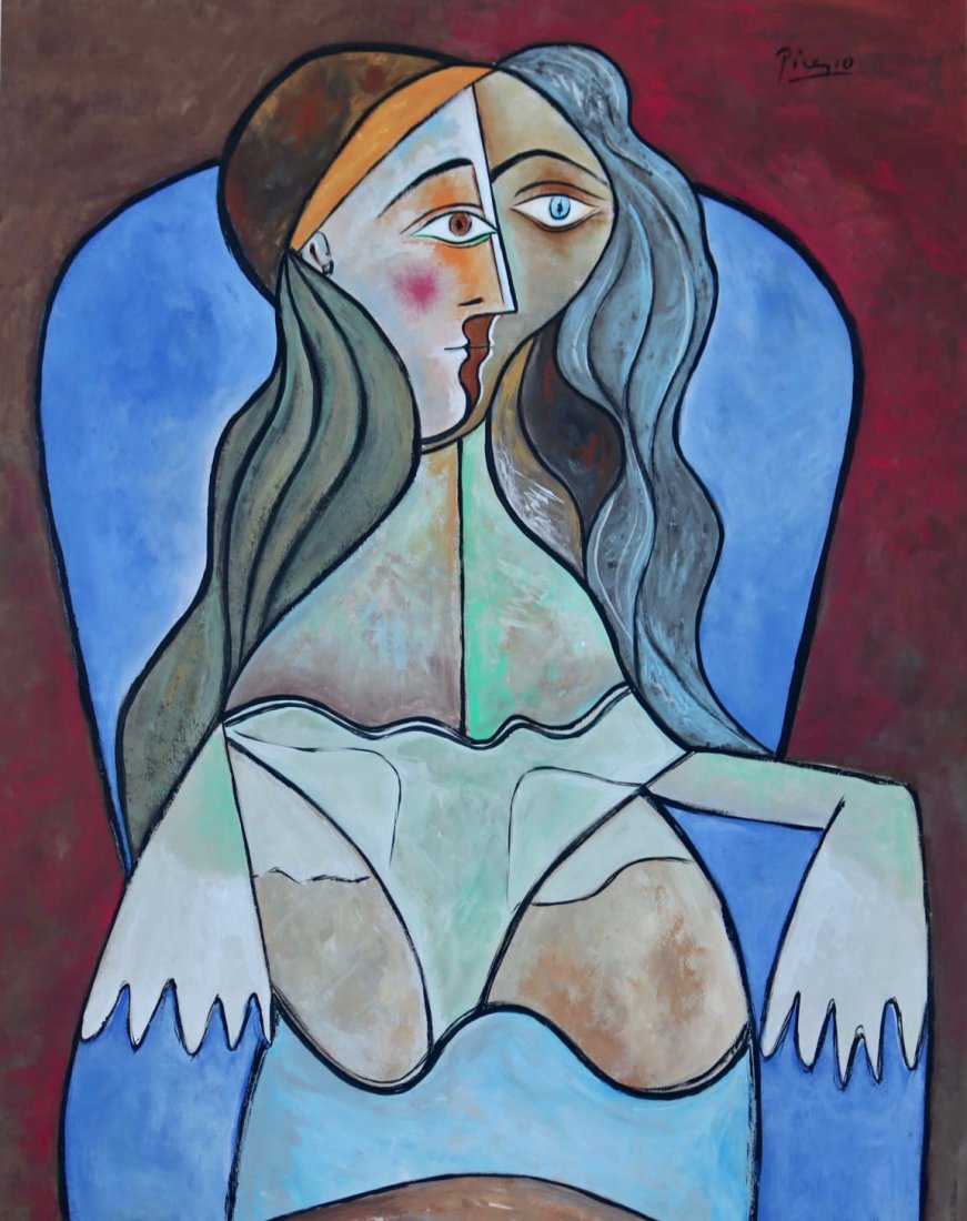 Pablo Picasso (Gouache on Paper): Picasso appears in upper left. Rendered in the cubist style of Pablo Picasso. Technique: gouache on paper. Measures: 17 x13 1/2 Inches. Provenance: Private collection. Lived between (25 October 1881 8