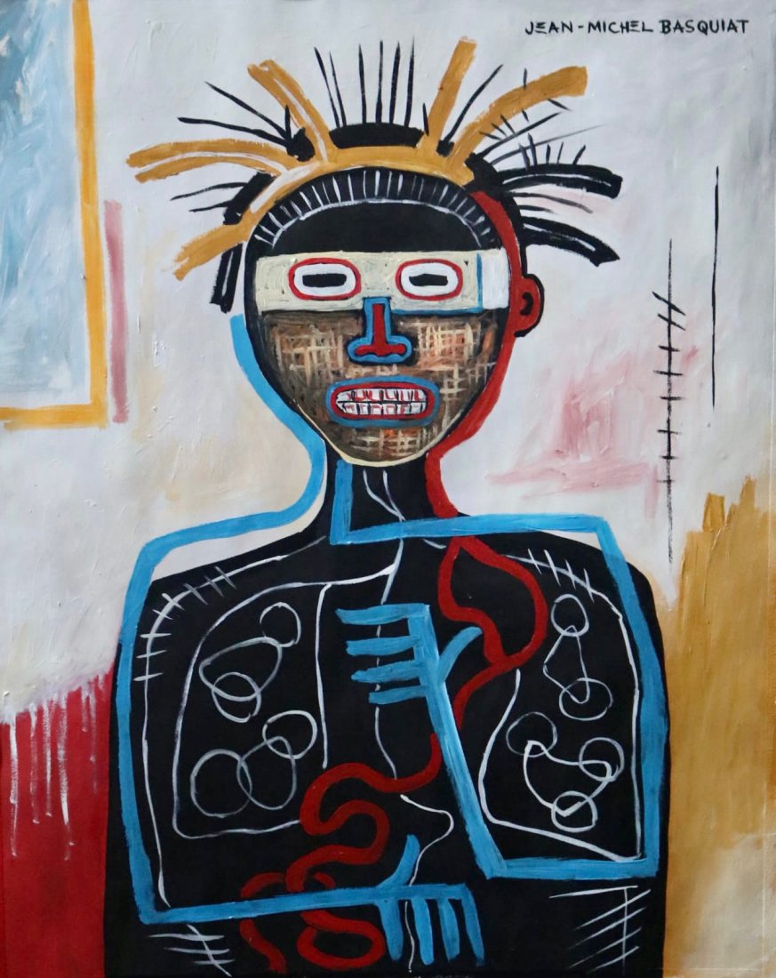Jean Michel Basquiat (Oil on Paper): Jean Michel Basquiat appears in the upper right margin. Rendered in the style of Jean Michel Basquiat. Technique: Oil on paper painting. Measures: 15 x 11 inches. Provenance: Private collection. Lived