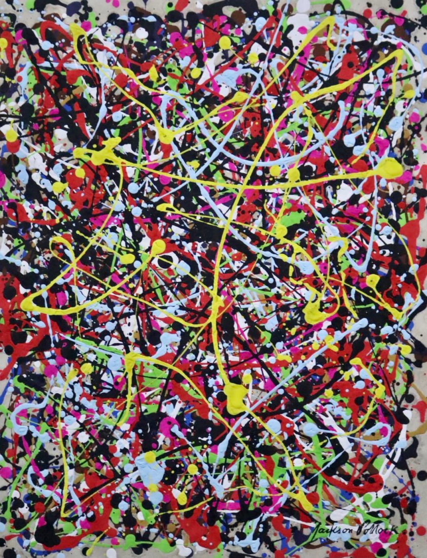 Jackson Pollock (Gouache on Paper): Jackson Pollock appears in *** margin. Rendered in the abstract expressionism style of Jackson Pollock . Technique: Gouache on paper. Measures: 18 x 14 Inches. Provenance: Private collection.A cOA com