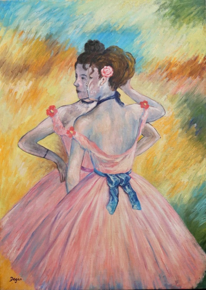 Edgar Degas (Oil on Canvas): Degas appears in lower left. Rendered in the impressionist style of Edgar Degas. Technique: Oil on canvas painting. Measures: 22 x 16 Inches. Provenance: Private Collection. Lived between (19 July 183