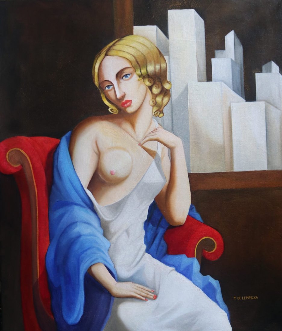 Tamara de Lempicka (Oil on Canvas): Tamara de Lempicka appears in Lower right.Rendered in the Art Deco style of Tamara de Lempicka. Technique: Oil on Canvas. Measures: 26 x 22 Inches. Provenance: Private collection.A COA accompanied thi