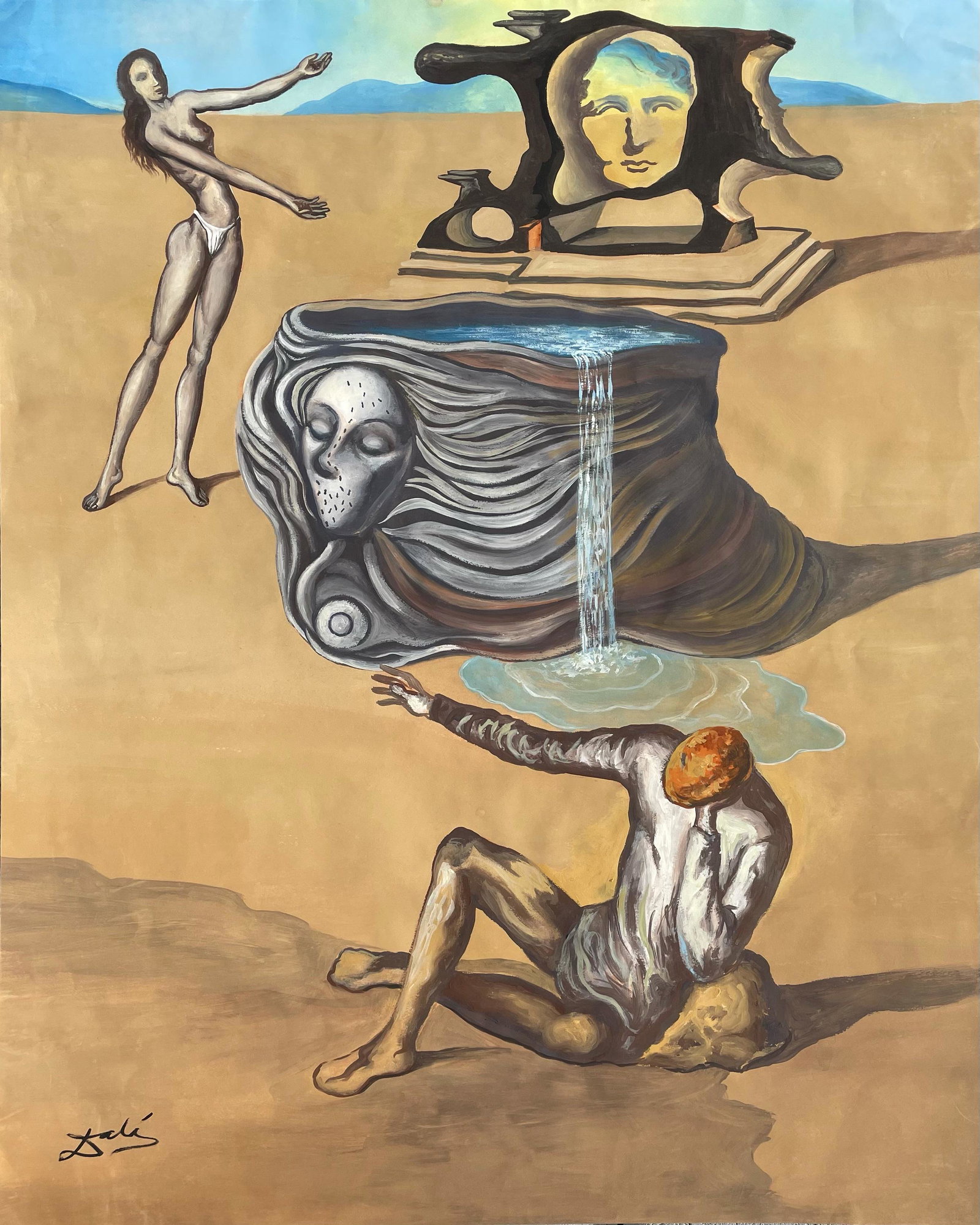 Salvador Dali (Gouache on Paper): Dali appears in Lower left. Rendered in the surrealist style of Joan Miro. Technique: Gouache on paper. Measures: 20 x 16 Inches. Provenance: Private Collection. Lived between (20 April 1893 25 Decemb