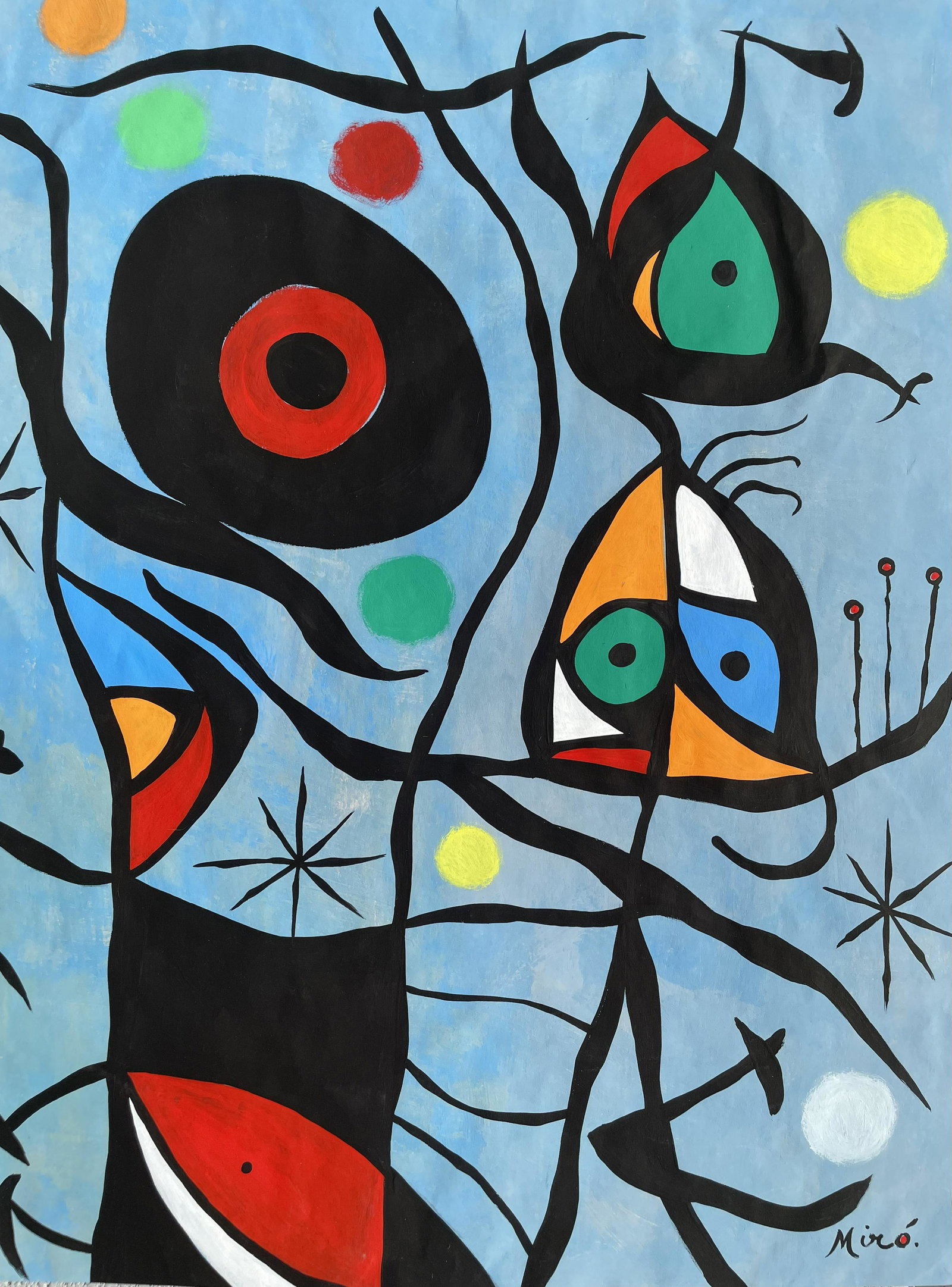 Joan Miro (Gouache on Paper): Miro appears in Lower Right. Rendered in the surrealist style of Joan Miro. Technique: Gouache on paper. Measures: 17 1/2 x 13 1/2 Inches. Provenance: Private Collection. Lived between (20 April 1893 