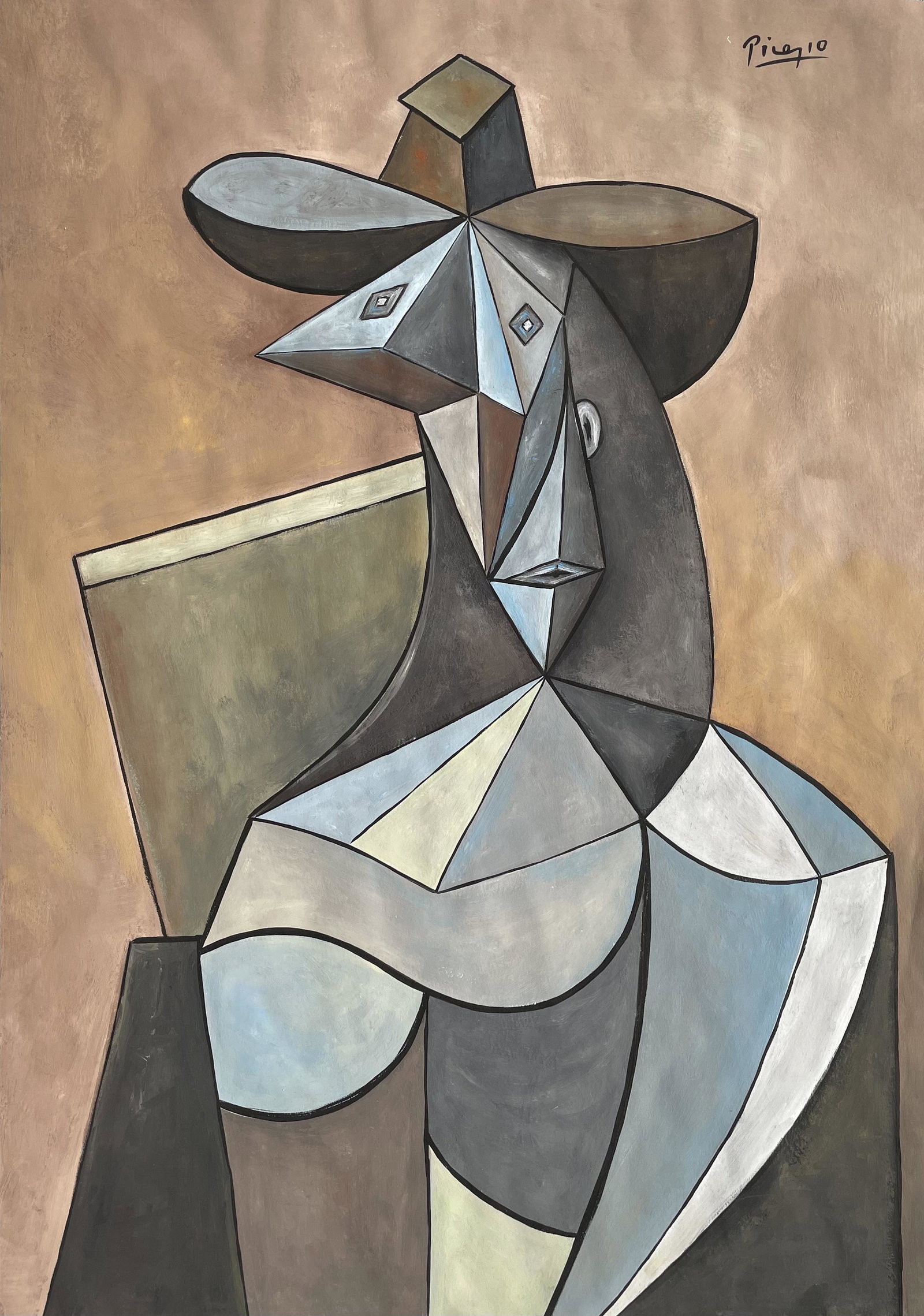 Pablo Picasso (Gouache on Paper): Picasso appears in Upper left. Rendered in the cubist style of Pablo Picasso. Technique: gouache on paper. Measures: 17 3/4 x 12 1/2 Inches. Provenance: Private collection. Lived between (25 October 1