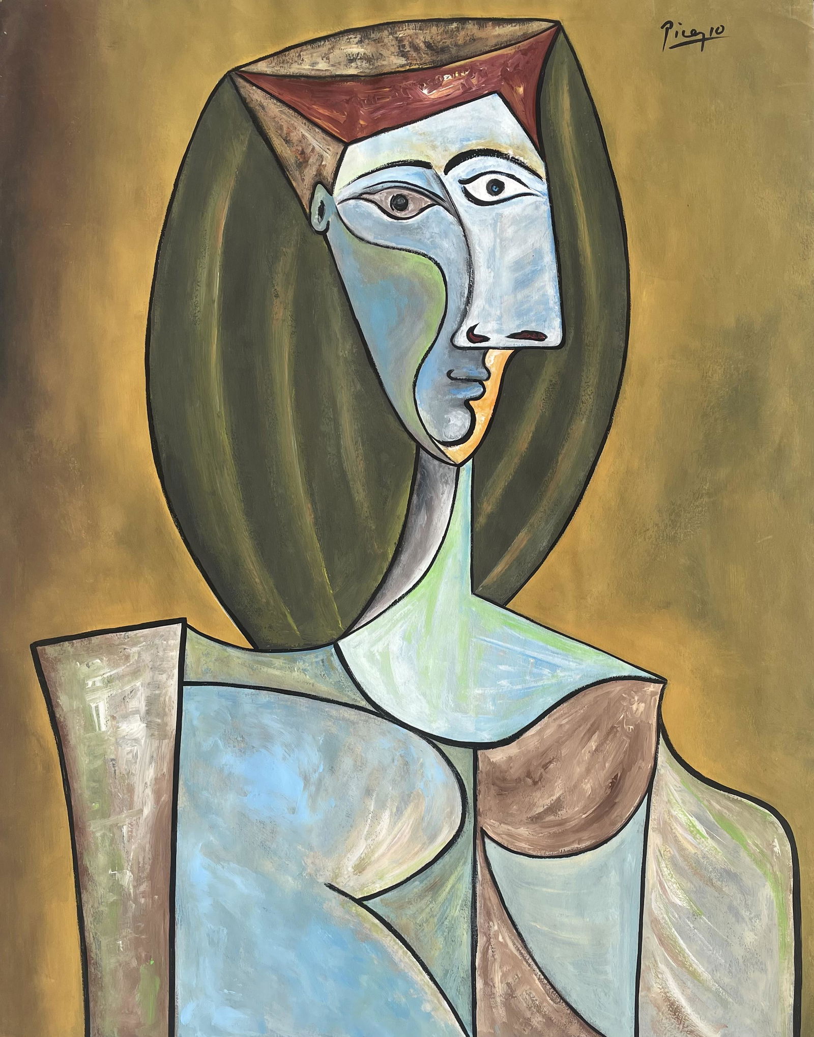 Pablo Picasso (Gouache on Paper): Picasso appears in Upper left. Rendered in the cubist style of Pablo Picasso. Technique: gouache on paper. Measures: 17 1/2 x 14 Inches. Provenance: Private collection. Lived between (25 October 1881