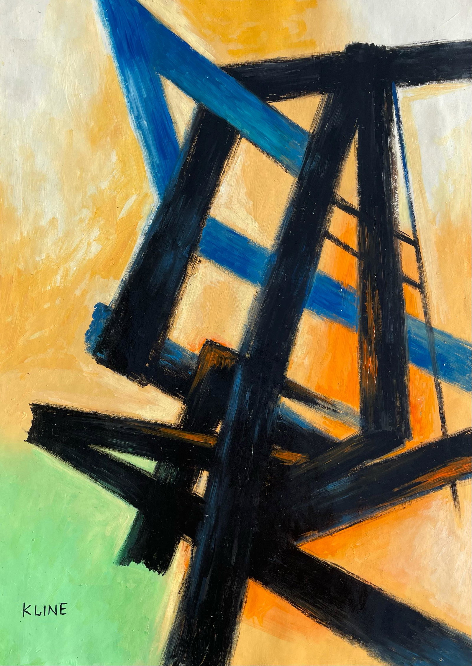 Franz Kline (Oil on Paper): Kline appears in the Lower Left of the painting. Rendered in the abstract expressionist style of Kline Technique: Oil on paper, Painting. Measures: 16 x 11.5 Inches. Lived between (May 23, 1910 – Ma