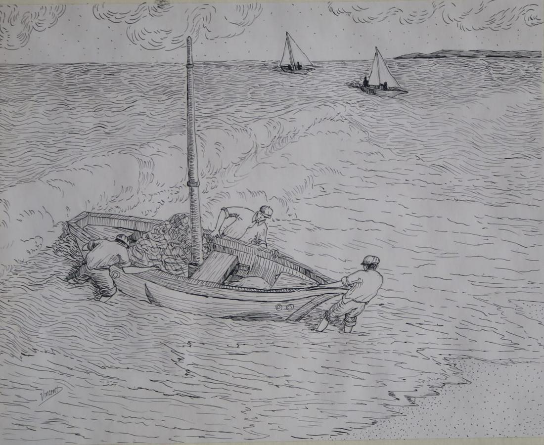 Vincent van Gogh (Ink on paper): Vincent appears in *****. Rendered in the style of Vincent van Gogh. Technique: Ink on paper painting. Measures: ***** Inches. Provenance: Private collection. Live between:(30 March 1853 – 29 July 1