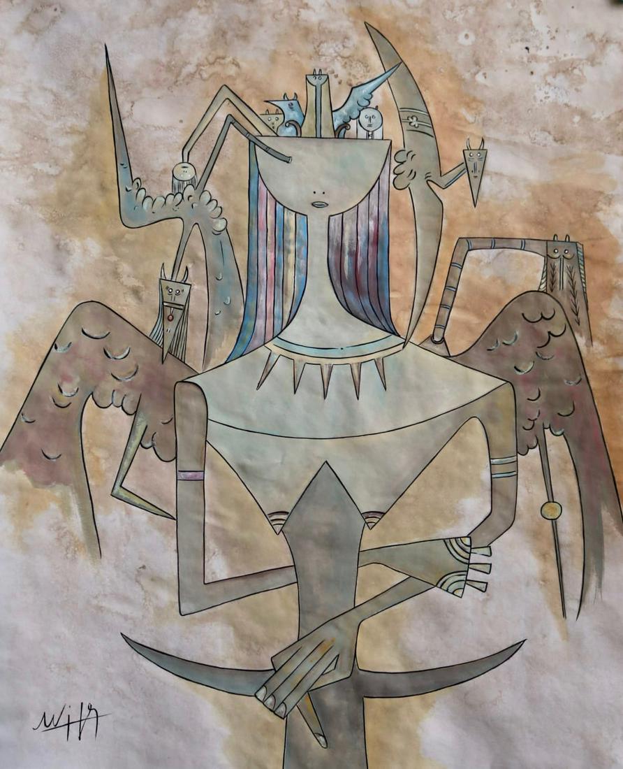 Wifredo Lam (Gouache on Paper): Wifredo Lam Appears in Lower Left. Rendered in the style of Wifredo Lam. Technique: Gouache on paper painting. Measures: 20 x 16 inches. Provenance: Private collection. A Certificate Accompanies this