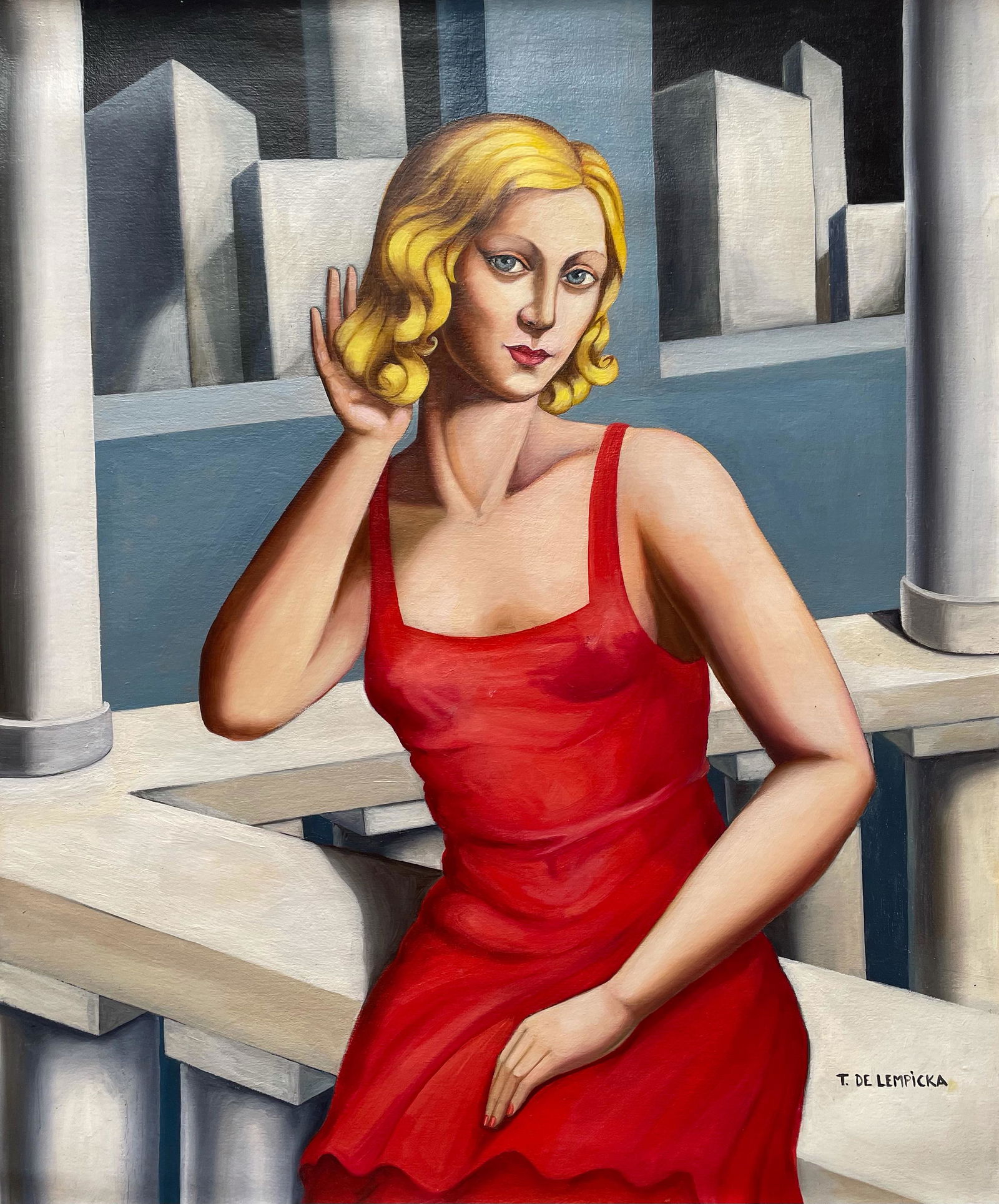 Tamara de Lempicka (Oil on canvas): Tamara de Lempicka appears in Lower right.Rendered in the Art Deco style of Tamara de Lempicka. Technique: Oil on Canvas. Measures: 24 x 20 Inches. Provenance: Private collection.A COA accompanied thi