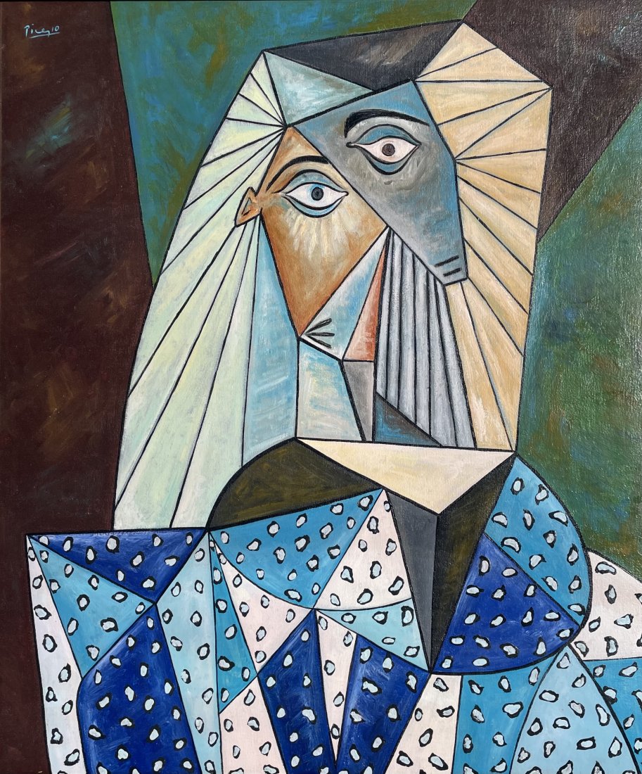 Pablo Picasso (Oil on canvas): Picasso appears in upper left. Rendered in the cubist style of Pablo Picasso. Technique: oil on canvas. Measures: 26 x 22 Inches. Provenance: Private collection. Lived between (25 October 1881 8 April