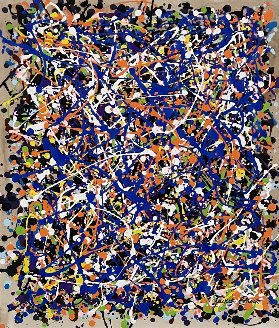 Jackson Pollock (Gouache on Paper): Jackson Pollock appears in the lower right margin. Rendered in the abstract expressionism style of Jackson Pollock . Technique: Gouache on paper. Measures: 20 x 17 Inches. Provenance: Private collecti