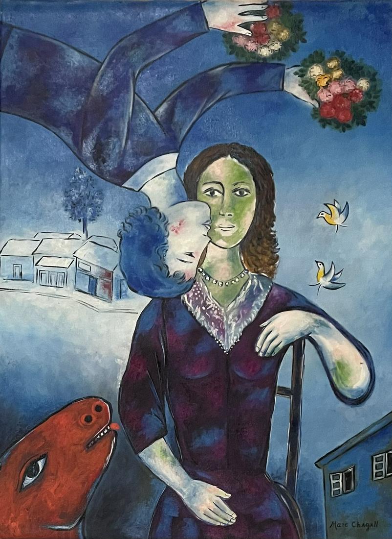 Marc Chagall (Oil on Canvas): Marc Chagall appears in lower Right. Rendered in the cubist style of Marc Chagall .Technique: Oil on canvas painting. Measures: 28 x 20 Inches. Provenance: Private Collection. Lived between (6 July 24