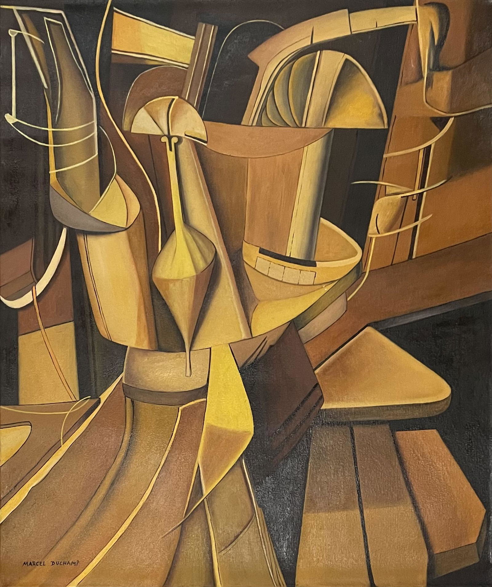 Marcel Duchamp (Oil on Canvas): Marcel Duchamp appears in lower left. Rendered in the style of Marcel Duchamp. Technique: Oil on canvas painting. Measures: 24 x 2 0inches. Provenance: Private collection.(28 July 1887 â€“ 2 Octo