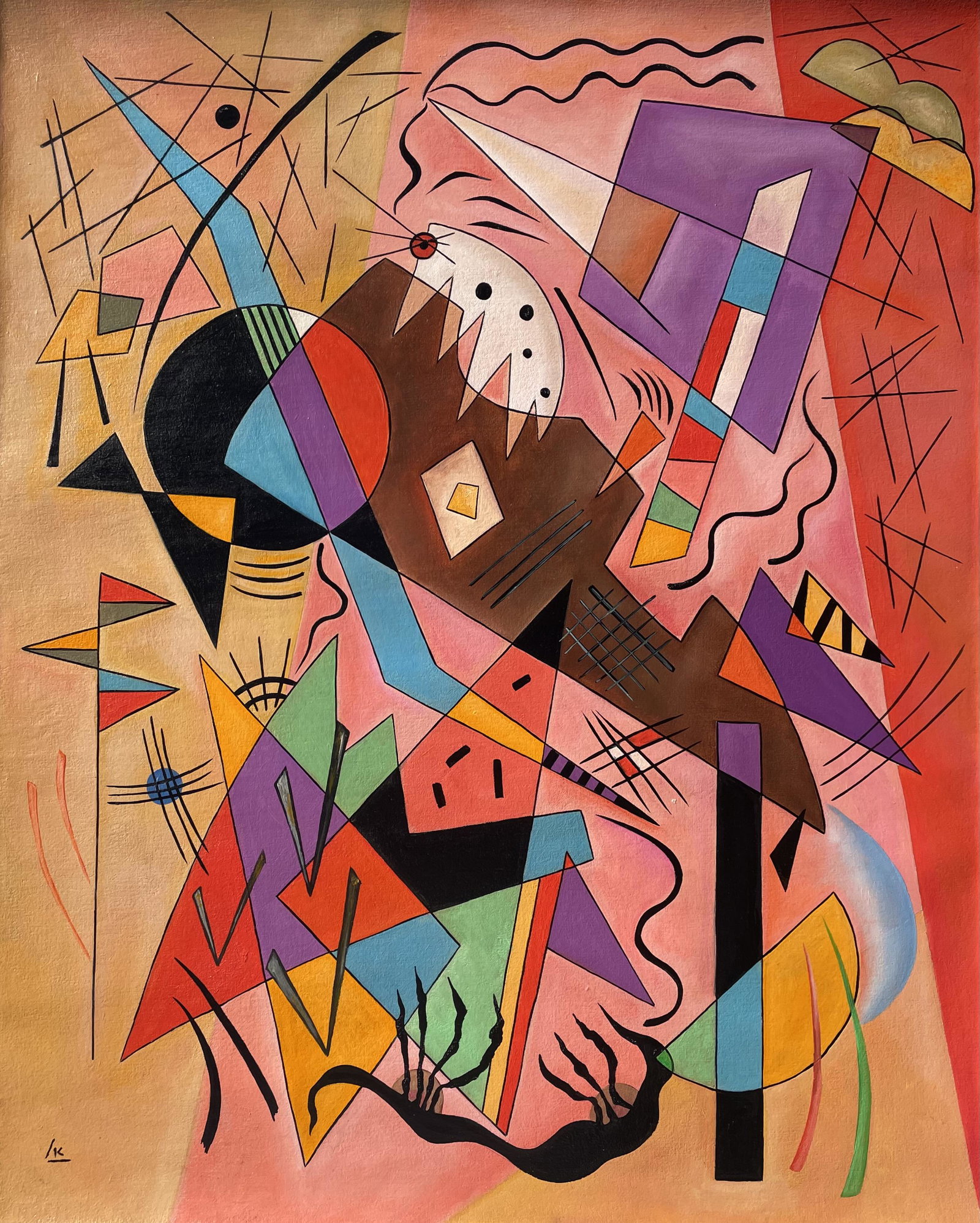 Wassily Kandinsky (Oil on Canvas): Kandinsky appears in lower left. Rendered in the Style of Wassily Kandinsky . Technique: Oil on canvas painting. Measures 35 x 20 Inches. Provenance: Private collection. Lived Between (4 December] 186