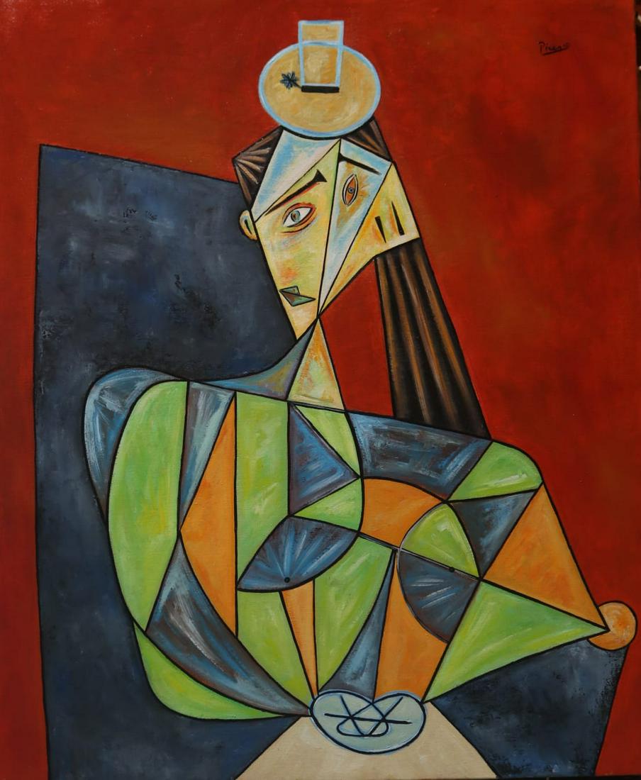 Pablo Picasso (Oil on canvas): Picasso appears in Upper right. Rendered in the cubist style of Pablo Picasso. Technique: Oil on Canvas. Measures: 23 x 19 Inches. Provenance: Private collection. Lived between (25 October 1881 8 Apri