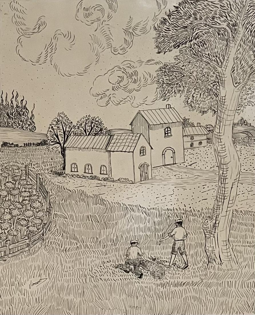 Vincent Van Gogh (Ink on paper): Vincent appears in lower left. Rendered in the style of Vincent van Gogh. Technique: Ink on paper painting. Measures: 12 x 10 Inches. Provenance: Private collection. Live between:(30 March 1853 â€�