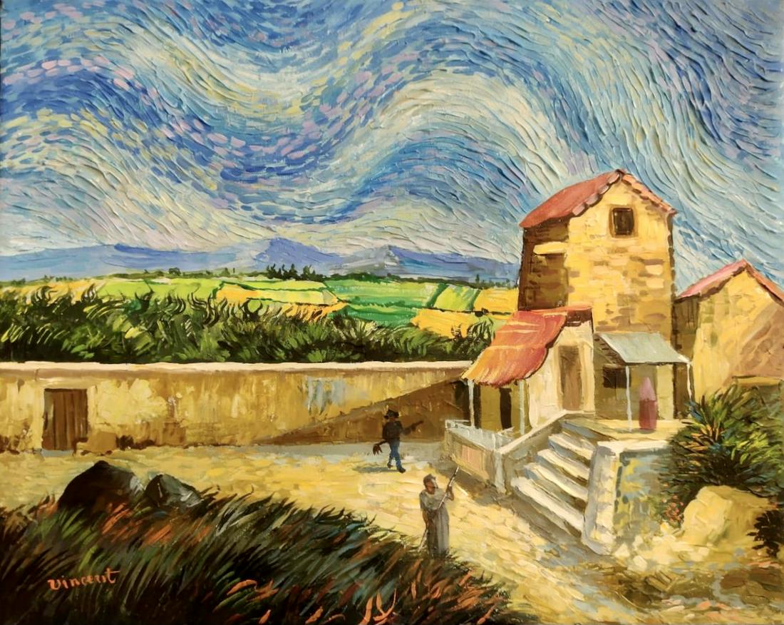 Vincent Van Gogh (Oil on Canvas): Vincent appears in lower left. Rendered in the style of Vincent van Gogh. Technique: Oil on canvas painting. Measures: 15 x 19 Inches. Provenance: Private collection. Live between:(30 March 1853 â€
