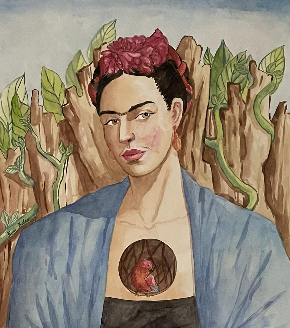 Frida Kahlo (Watercolor on Paper): Frida Kahlo appears upper right. Rendered in the style of Frida Kahlo. Technique: Watercolor on paper. Measures: 15 x 13 1/2 Inches. Provenance: Private Collection. Lived between (6 July 1907 â€“