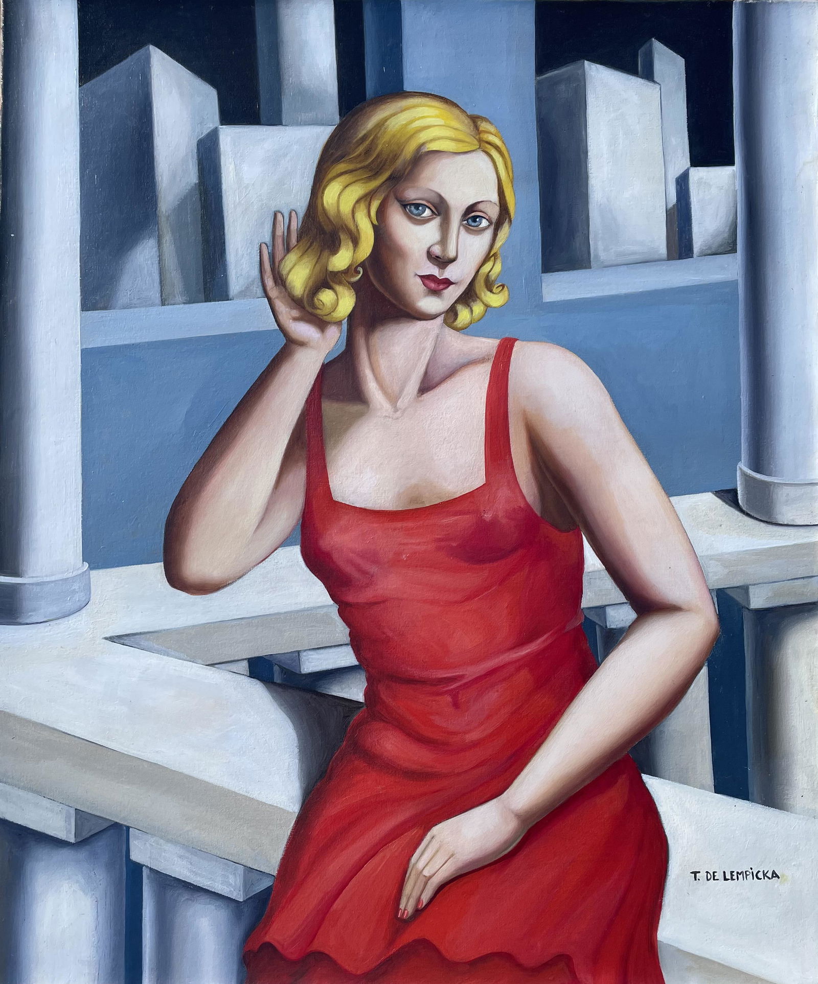 Tamara de Lempicka (Oil on canvas): Tamara de Lempicka appears in Lower right.Rendered in the Art Deco style of Tamara de Lempicka. Technique: Oil on Canvas. Measures: 24 x 20 Inches. Provenance: Private collection.A COA accompanied thi