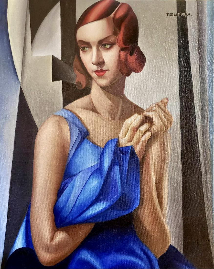 Tamara de Lempicka (Oil on canvas): Tamara de Lempicka appears in upperright.Rendered in the Art Deco style of Tamara de Lempicka. Technique: Oil on Canvas. Measures: 19 x 15 Inches. Provenance: Private collection.A COA accompanied this