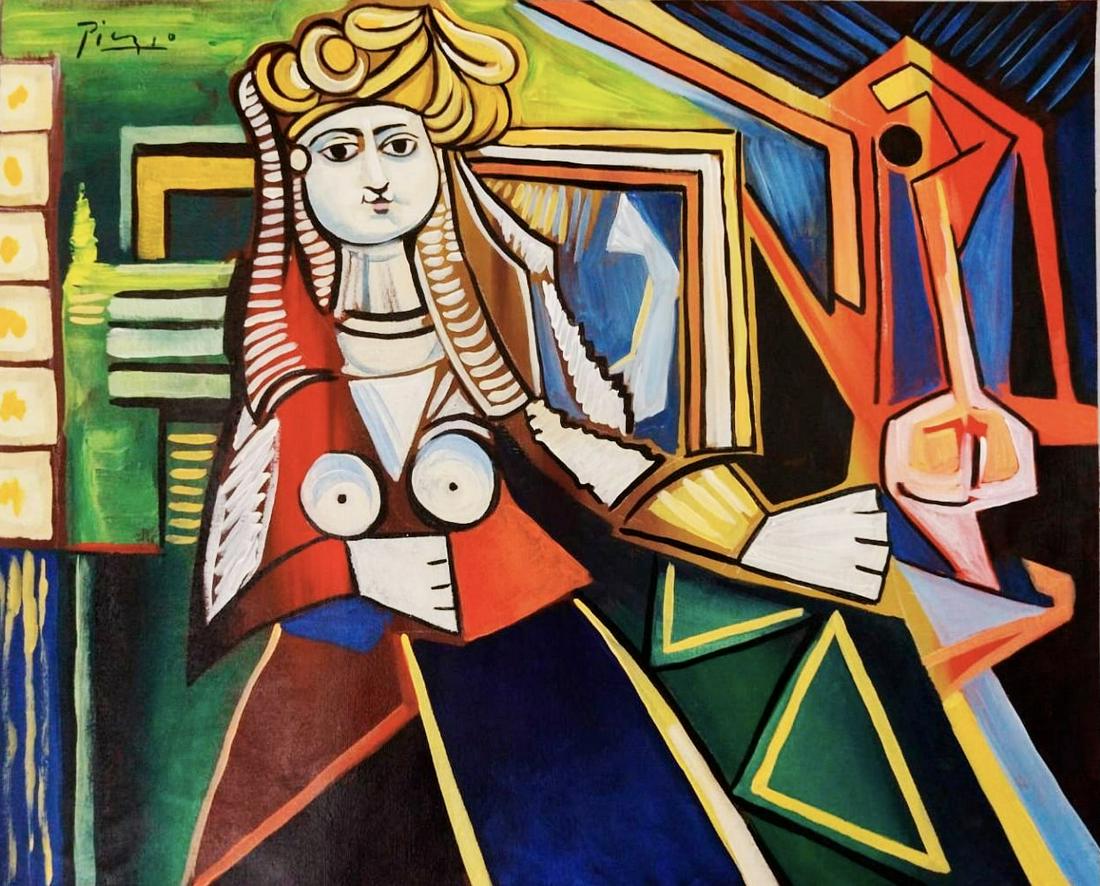 Pablo Picasso (Oil on canvas): Picasso appears in Upper left. Rendered in the cubist style of Pablo Picasso. Technique: Oil on Canvas. Measures: 15 1/2 x 19 1/2 Inches. Provenance: Private collection. Lived between (25 October 1881