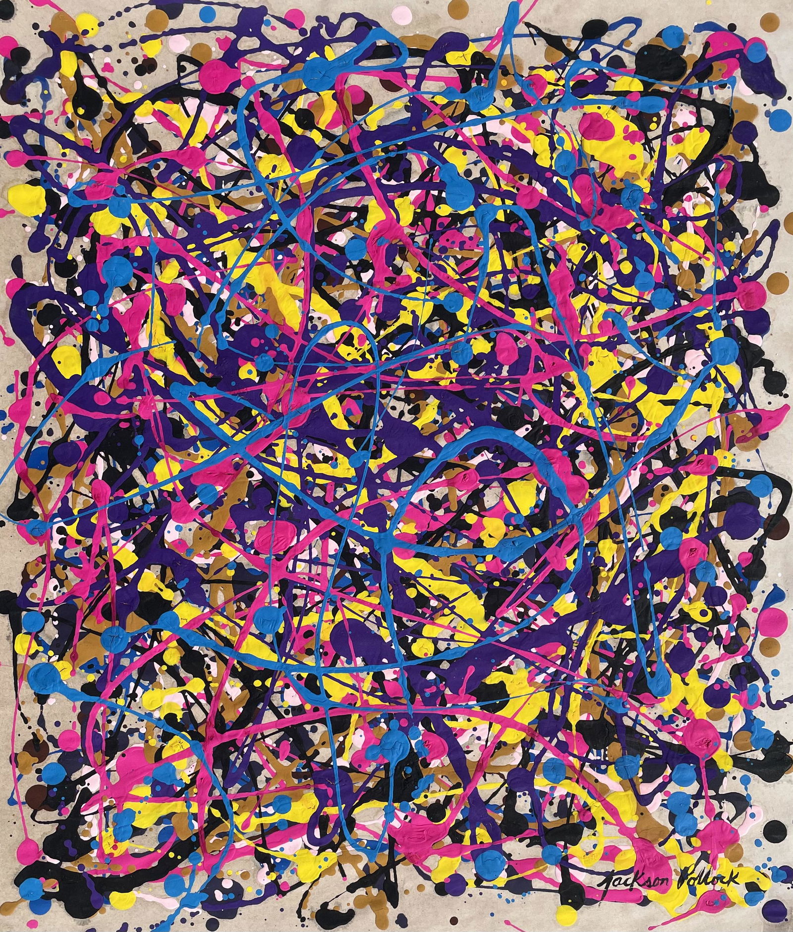 Jackson Pollock (Gouache on Paper): Jackson Pollock appears in the lower right margin. Rendered in the abstract expressionism style of Jackson Pollock . Technique: Gouache on paper. Measures: 15 x 13 Inches. Provenance: Private collecti