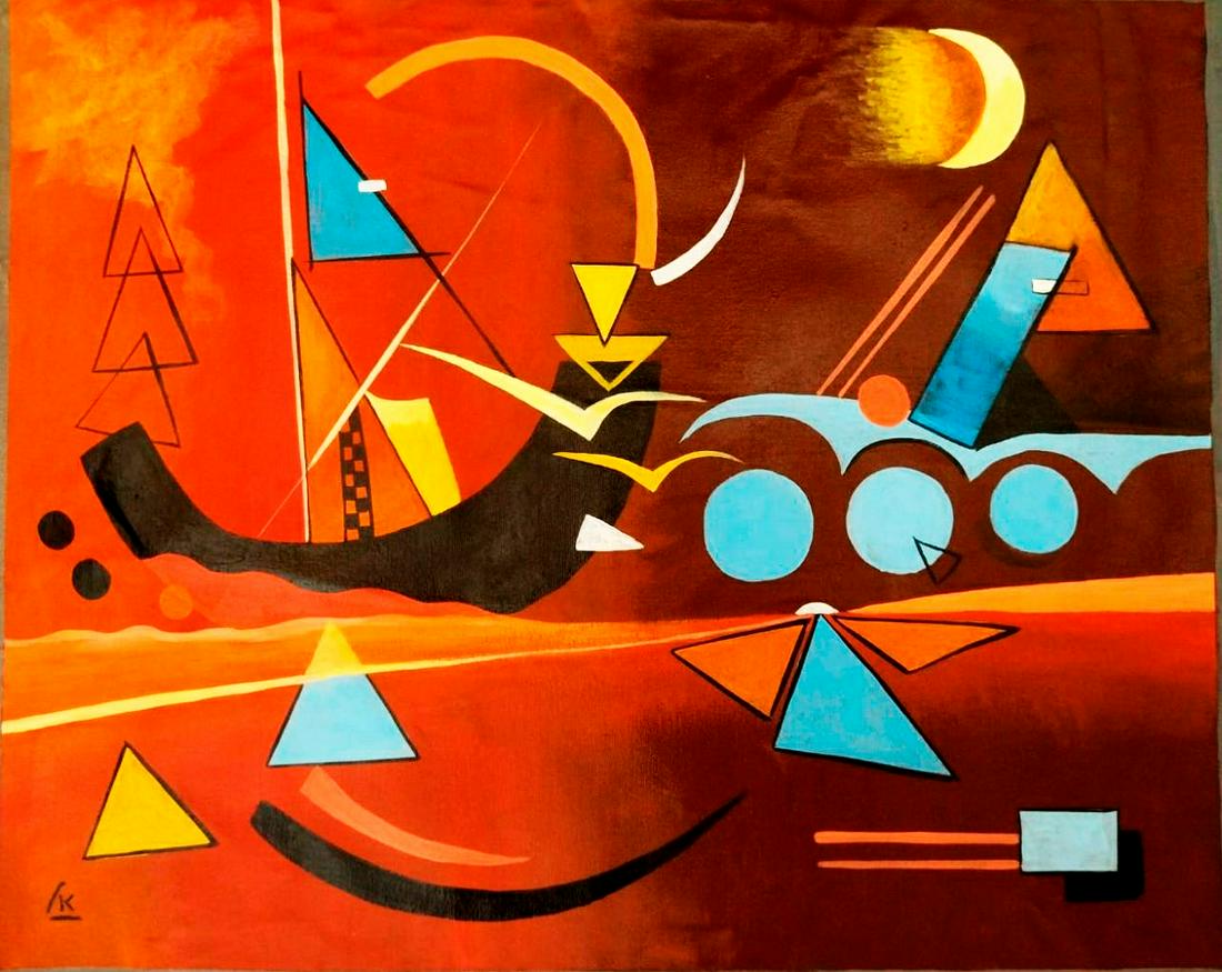 Wassily Kandinsky (Oil on Canvas): Wassily Kandinsky appears in lower left. Rendered in the style of Wassily Kandinsky .Technique: Oil on canvas painting. Measures: 15 1/2 x 19 1/2 Inches. Provenance: Private Collection. Lived between 