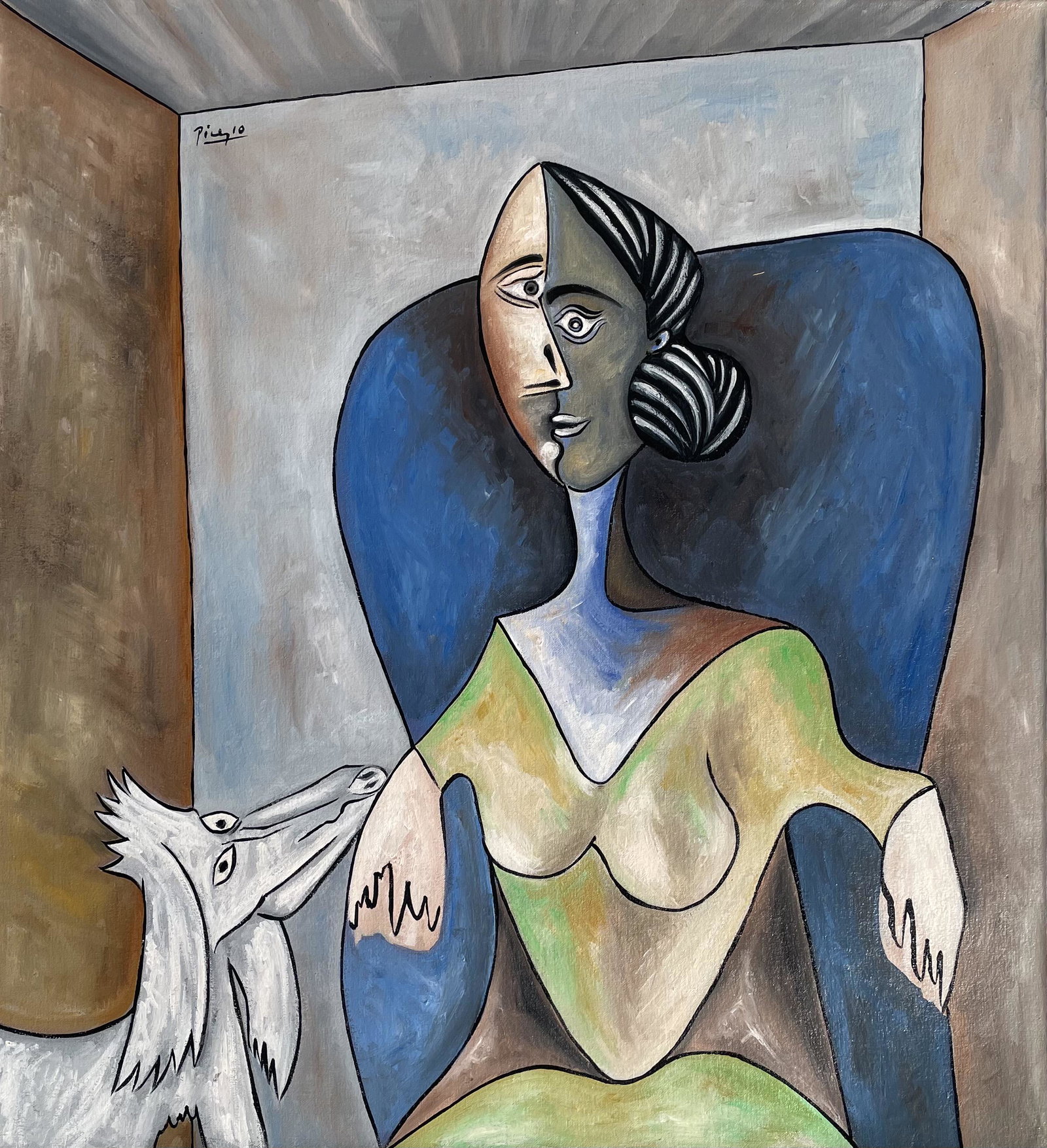 Pablo Picasso (Oil on Canvas): Picasso appears in Upper left. Rendered in the cubist style of Pablo Picasso. Technique: Oil on Canvas. Measures: 22 x 20 Inches. Provenance: Private collection. Lived between (25 October 1881 8 April