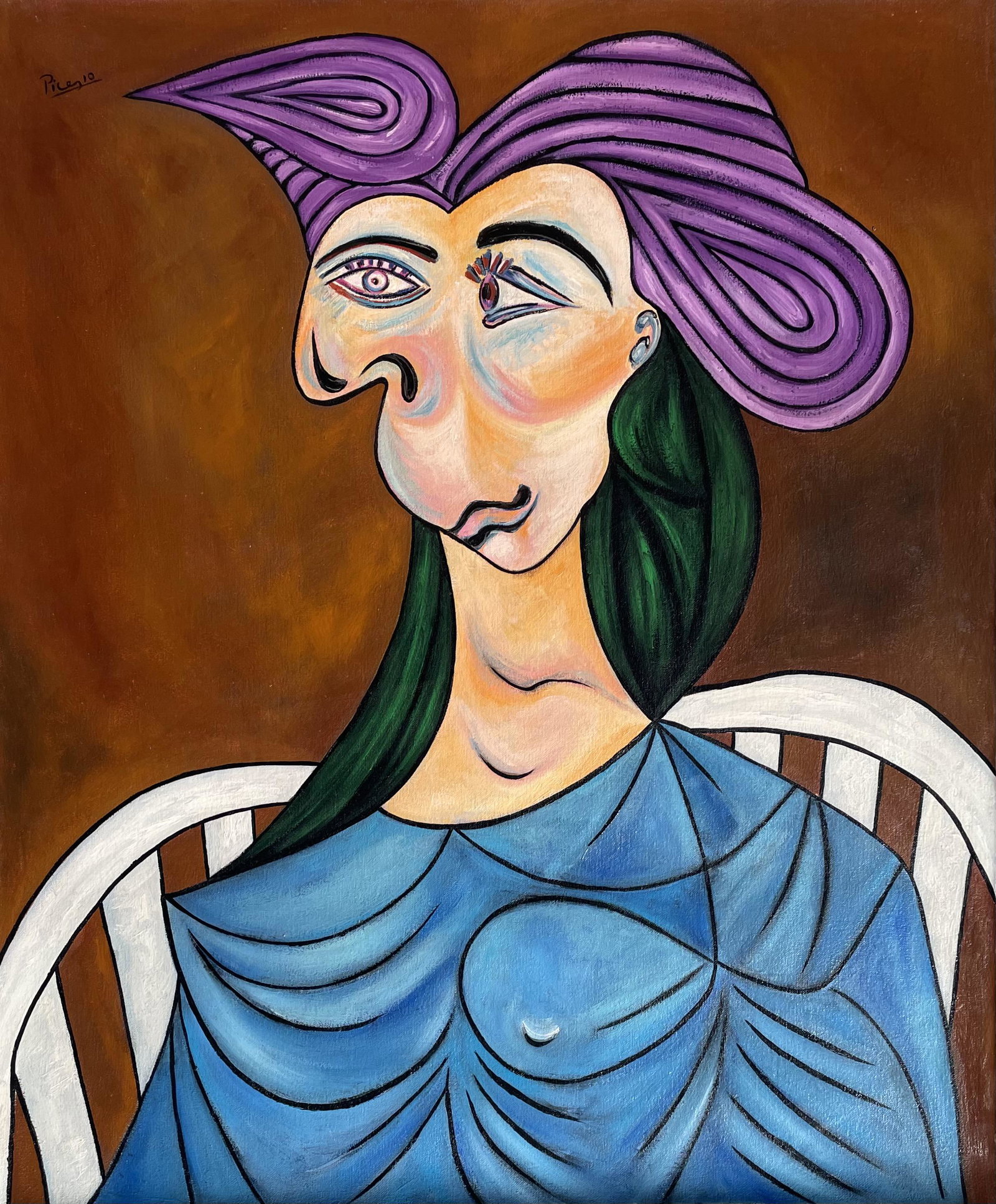 Pablo Picasso (Oil on Canvas): Picasso appears in upper left. Rendered in the cubist style of Pablo Picasso. Technique: Oil on Canvas. Measures: 24 x 20 Inches. Provenance: Private collection. Lived between (25 October 1881 8 April