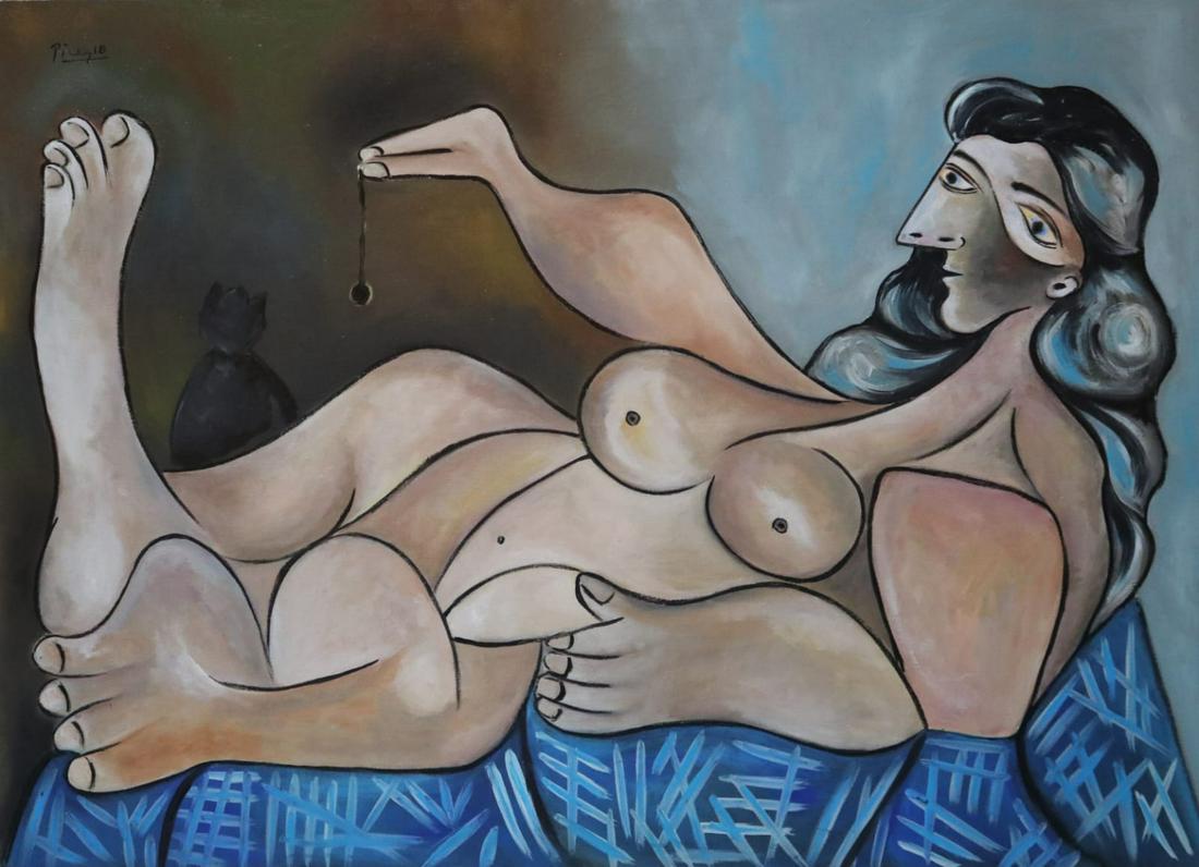 Pablo Picasso (Oil on Canvas): Picasso appears in upper left. Rendered in the cubist style of Pablo Picasso. Technique: Oil on Canvas. Measures: 20 x 18 Inches. Provenance: Private collection. Lived between (25 October 1881 8 April
