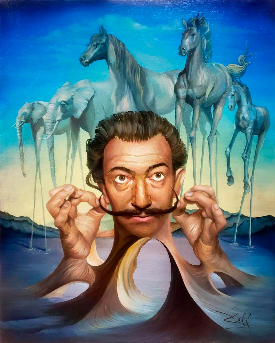 Salvador Dali (Oil on Canvas): Dali appears in lower right.Rendered in the surrealist style of Salvador Dali. Technique: Oil on canvas Painting. Measures: 23 x 18 1/2 Inches. COA .Provenance: Private Collection. Lived between (11 M