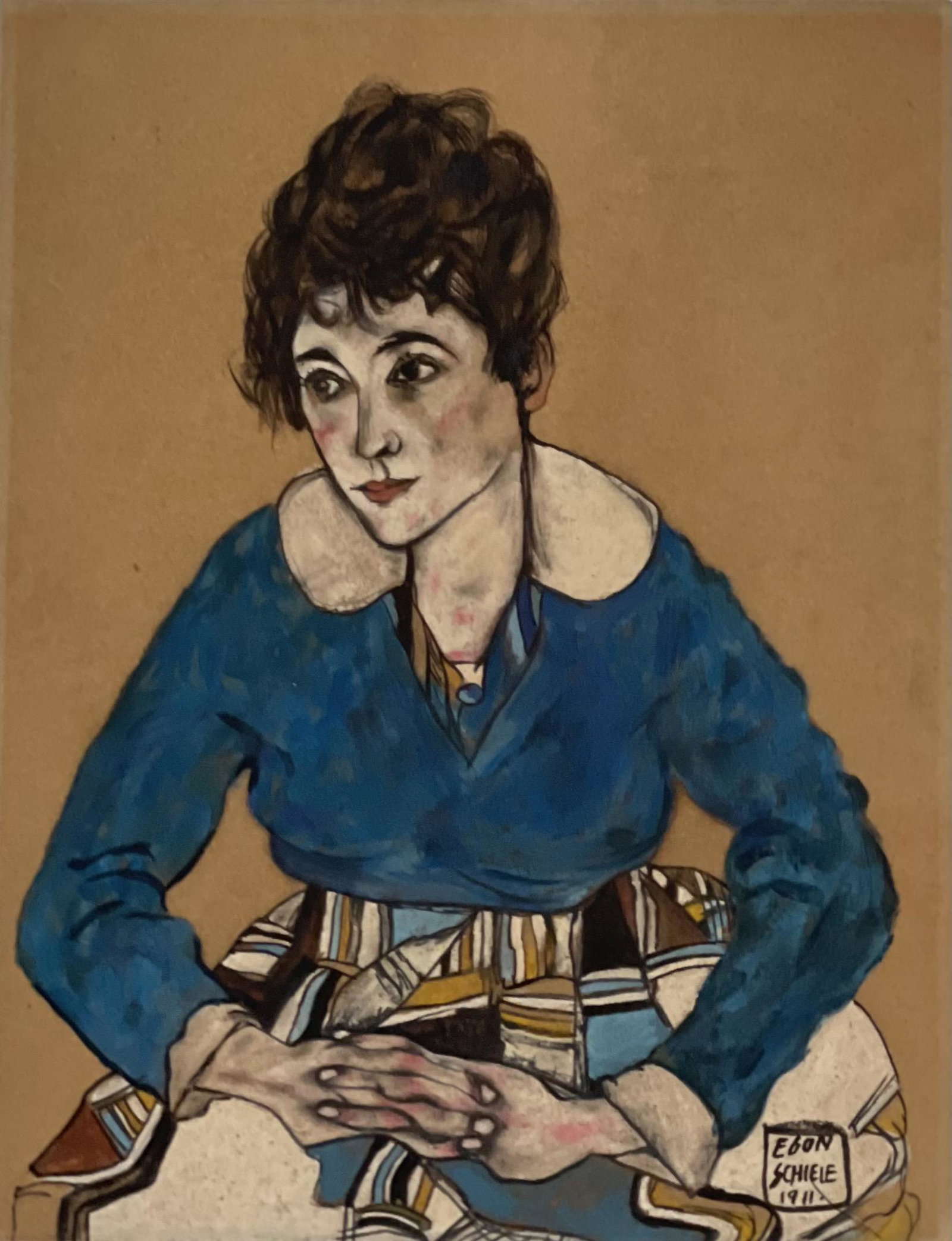 Egon Schiele (Pastel on Paper): Egon Schiele 1910 appears in Center Left. Rendered in the style of Egon Schiele. Technique: Pastel on paper painting. Measures: 11 1/2 x 9 Inches. Provenance: Private collection. Lived Between 12 June