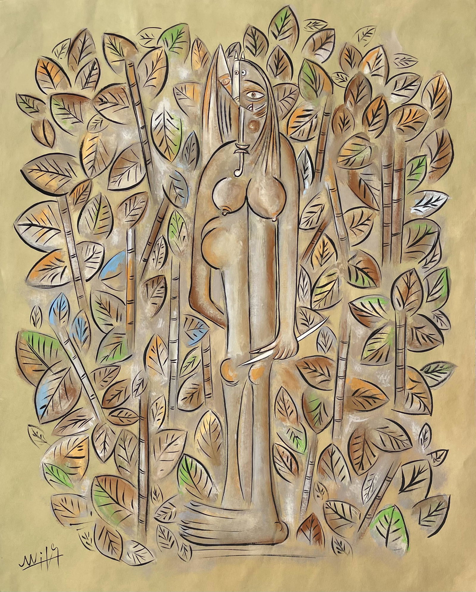 Wifredo Lam (Gouache on Paper): Rendered in the style of Wifredo Lam. Technique: Gouache on paper painting. Measures: 18 x 14 inches. Provenance: Private collection .Lived between (December 8, 1902 September 11, 1982), better known