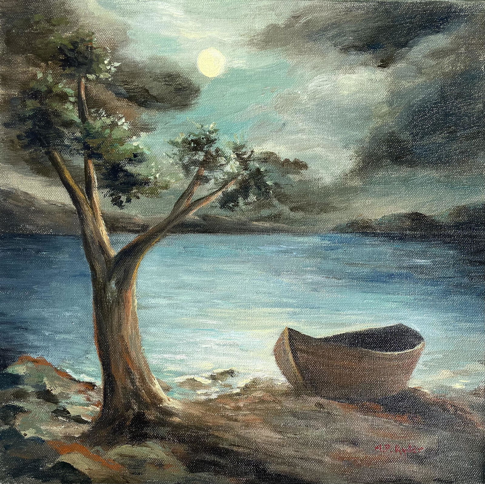 Albert Pinkham Ryder (Oil on canvas): AP Ryder appears in lower right. Rendered in the style of Albert Pinkham Ryder. Technique: Oil on canvas painting. Measures: 12 x 12 Inches. Provenance: Private collection. (March 19, 1847 Ã¢€�